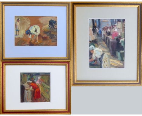 RUFEL MIKHAYLOV (Russian, b.1936), 'Sketch of the textile mill', 1960s, oils on board, 27cm x 20cm, 20cm x 28cm and 17cm x 17