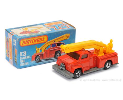 Matchbox Superfast 13c Snorkel Fire Engine - bright red body, dark yellow plastic hoist &amp; platform, RARE LIGHT AMBER WIND