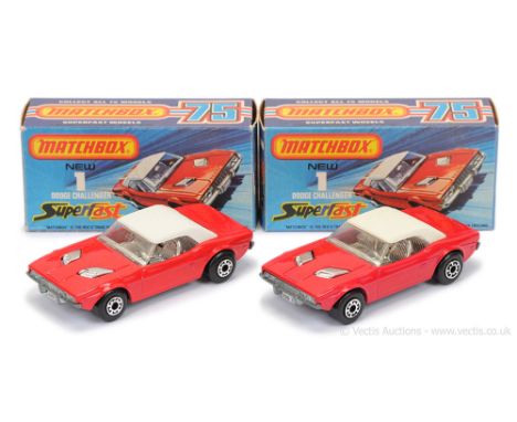 Matchbox Superfast 2 x 1c Dodge Challenger - both are white roof (slight shade difference), clear windows, chrome interior, b
