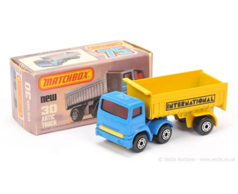 Matchbox Superfast 30d Leyland Articulated Truck - blue tractor unit, red windows, lemon yellow plastic grille &amp; base wit