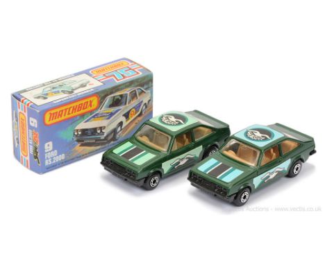 Matchbox Superfast 2 x 9c Ford Escort RS2000 - both are dark green body with Seagull labels, side labels both facing rear, cl