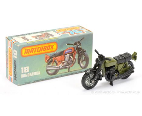 Matchbox Superfast 18b Hondarora Honda CB750 Motorcycle twin pack issue - military green frame, black plastic parts, wire whe