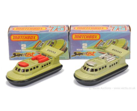 Matchbox Superfast 2 x 2c Rescue Hovercraft - both are metallic avocado green body with "2000" label, purple windows, black p