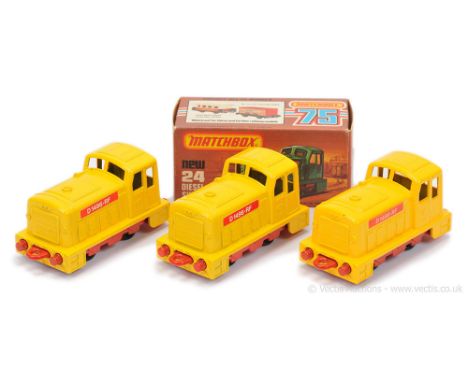 Matchbox Superfast 3 x 24c Diesel Shunter - all are yellow body with "D1496-RF" labels, red chassis, red plastic base (1) dar