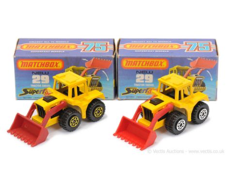 Matchbox Superfast 2 x 29c Tractor Shovel - both are yellow body, black interior, RARE CREAM BASE (1) darker shade body, red 