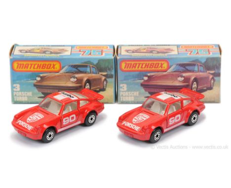 Matchbox Superfast 2 x 3c Porsche 911/930 Turbo - both are red body with black &amp; white racing number 90 Tampo Print, clea