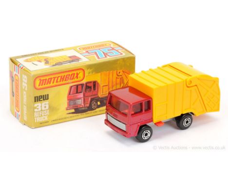 Matchbox Superfast 36d Refuse Truck - metallic red cab &amp; chassis (when viewed from below this is metallic magenta rather 