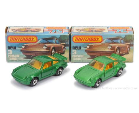 Matchbox Superfast 2 x 3c Porsche 911/930 Turbo - both are metallic emerald green body, clear windows, dark yellow interior, 