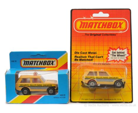 Matchbox Superfast 2 x 20b Range Rover Police Patrol - both are metallic desert sand body with "Securite-Rallye Paris-Dakar 8