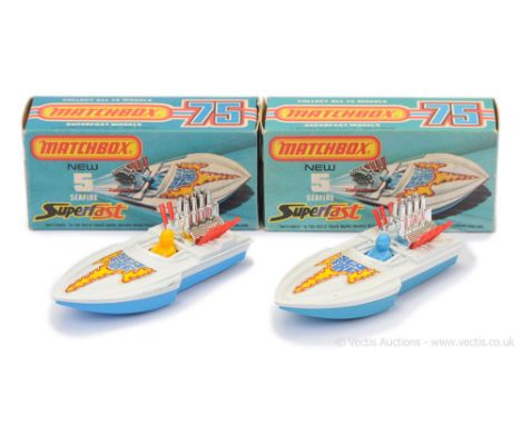 Matchbox Superfast 2 x 5b Seafire Power Boat - both are white deck, red engine exhausts - (1) dark yellow plastic driver, blu