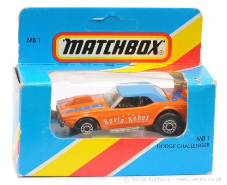 Matchbox Superfast 1d Dodge Challenger Revin' Rebel Dragster - orange body with blue &amp; white tampo print, blue plastic ro