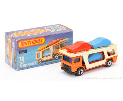 Matchbox Superfast 11c Bedford Car Transporter - orange cab &amp; chassis, dark blue windows, matt black base, LOAD HAS 2 x B