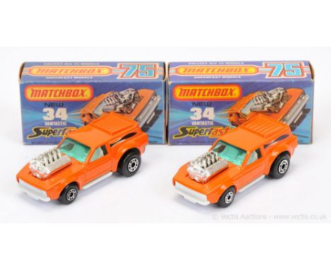 Matchbox Superfast 2 x 34b Ford Mustang Vantastic - both are orange body with exposed engine &amp; "Fishtail" labels, turquoi