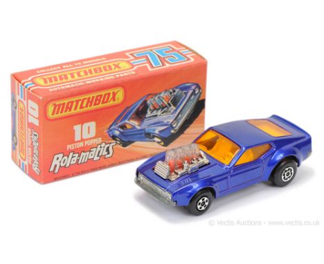 Matchbox Superfast 10b Ford Mustang Piston Popper - metallic dark blue body, dark amber windows, white interior, BARE METAL "