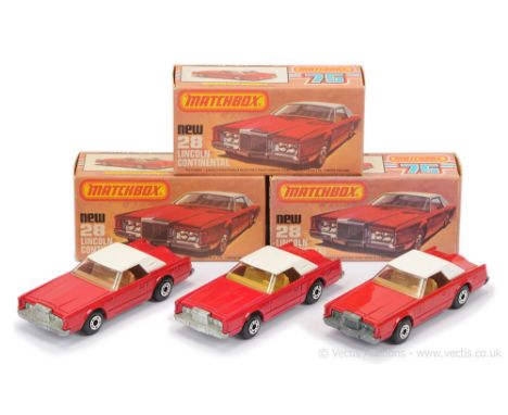 Matchbox Superfast 3 x 28c Lincoln Continental - all are white plastic roof, clear windows, bare metal base (1) lighter shade