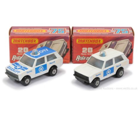 Matchbox Superfast 2 x 20b Range Rover Police Patrol - both are white body, clear frosted windows, blue spinner &amp; roof-li