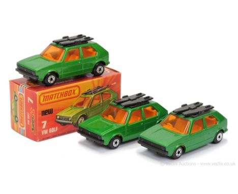 Matchbox Superfast 3 x 7c VW Volkswagen - all are metallic emerald green body, light amber windows, dark yellow interior, dot
