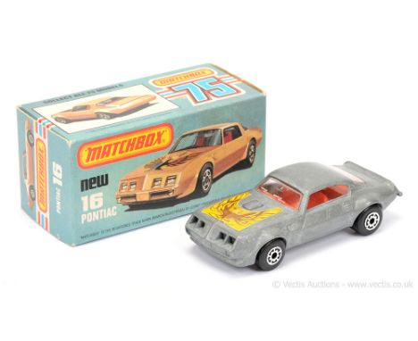 Matchbox Superfast 16b Pontiac Firebird - unpainted bare metal body with light brown yellow background Eagle hood label, clea