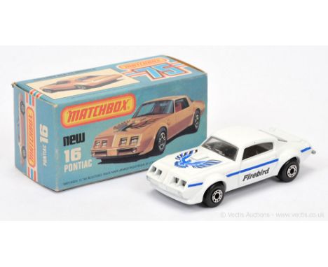 Matchbox Superfast 16b Pontiac Firebird - white body with blue &amp; black tampo print, clear windows RARE BLACK INTERIOR; ba