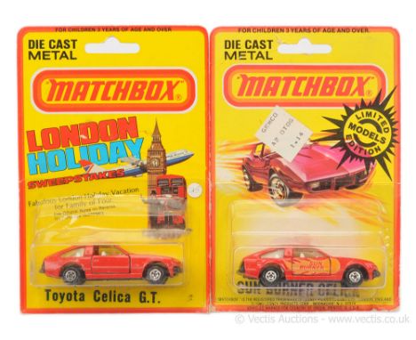 Matchbox Superfast 2 x 25e Toyota Celica GT - both are red body, clear windows, ivory interior, matt black "Toyota Celica XX"