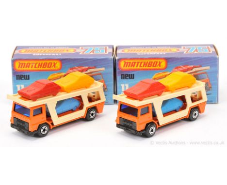 Matchbox Superfast 2 x 11c Bedford Car Transporter - both are orange cab &amp; chassis, dark blue windows - (1) matt black ba