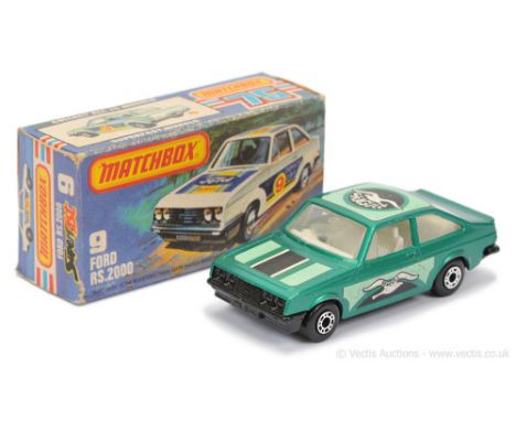 Matchbox Superfast 9c Ford Escort RS2000 - metallic green body with Seagull labels, side labels both facing rear, clear windo