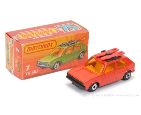 Matchbox Superfast 7c Volkswagen Golf - red body, RARE BRIGHT RED PLASTIC SURFBOARDS, light amber windows, dark yellow interi