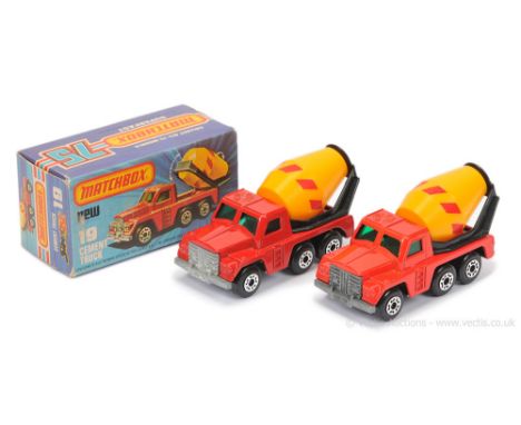 Matchbox Superfast 2 x 19c Cement Truck - both are dark green windows, dark yellow plastic barrel with red stripes, bare meta