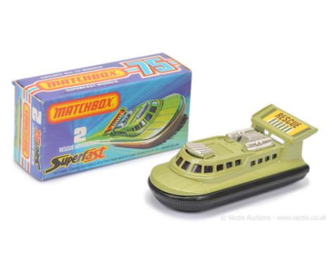 Matchbox Superfast 2c Rescue Hovercraft - metallic avocado green body (lighter shade) with RARE RESCUE LABEL, chrome engine, 