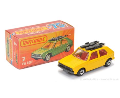 Matchbox Superfast 7c Volkswagen Golf - dark yellow body, clear windows, red interior, graphite grey base - Near Mint in Good