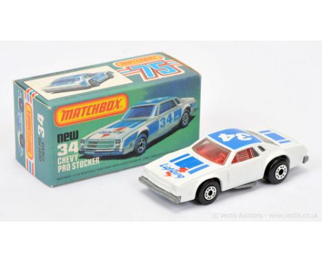 Matchbox Superfast 34c Chevy Pro-Stocker - white body with blue &amp; red racing number 34 hood roof &amp; trunk tampo print 
