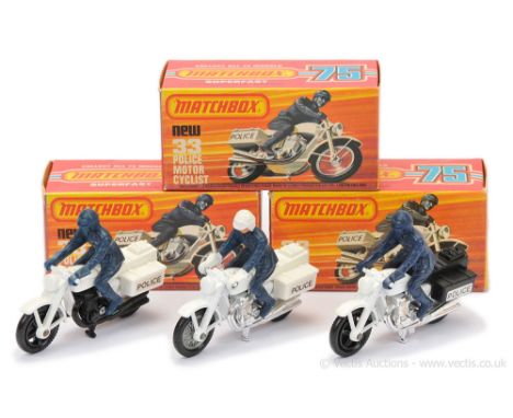 Matchbox Superfast 3 x 33c Honda CB750 Police Motorcycle - all are white frame (1) dark navy blue plastic rider with hand pai