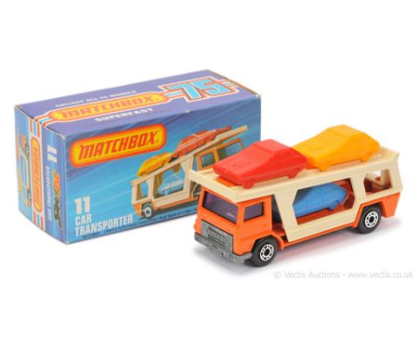Matchbox Superfast 11c Bedford Car Transporter - orange cab &amp; chassis, RARE PURPLE WINDOWS, bare metal base - Excellent (