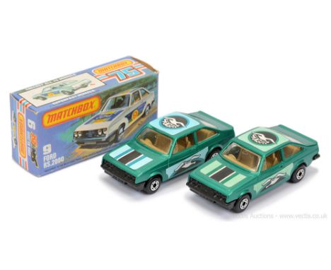 Matchbox Superfast 2 x 9c Ford Escort RS2000 - both are metallic green body with Seagull labels, clear windows, dark tan inte