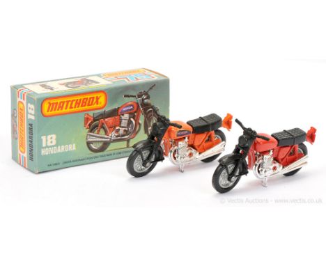 Matchbox Superfast 2 x 18b Hondarora Honda CB750 Motorcycle - both are black plastic front forks &amp; seats, chrome engine, 