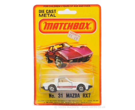 Matchbox Superfast 31d Mazda RX-7 - white body with maroon &amp; black hood &amp; revised narrow side tampo print, clear wind