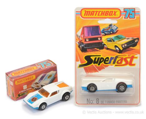 Matchbox Superfast 2 x 8c De Tomaso Pantera - both are white body with racing number 8 hood label only, clear windows, blue b