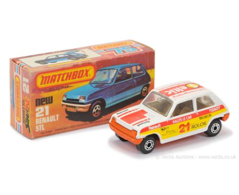 Matchbox Superfast 21c Renault 5TL - white body with red &amp; yellow Seltic racing number 21 tampo print, white plastic tail