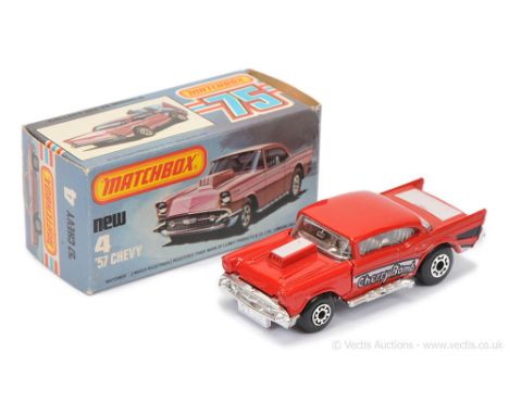 Matchbox Superfast 4d '57 Chevy - red body with black &amp; white "Cherry Bomb" Tampo Print, clear windows, chrome interior, 