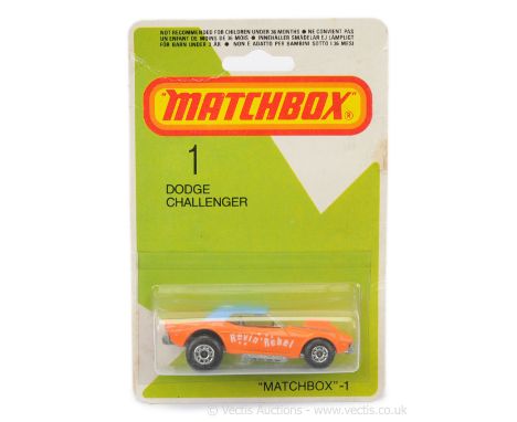 Matchbox Superfast 1d Dodge Challenger Revin' Rebel Dragster - orange body with blue &amp; white tampo print, blue plastic ro