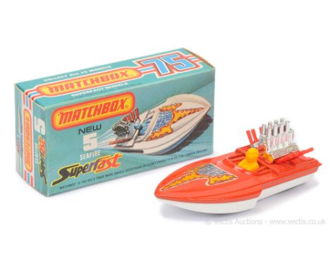 Matchbox Superfast 5b Seafire Power Boat - lighter shade red deck with white plastic hull &amp; base, dark yellow plastic dri