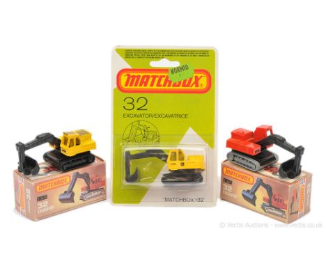 Matchbox Superfast 3 x 32d Excavator - all are black plastic jib &amp; bucket, gloss black chassis, (1) burnt orange cab, sil