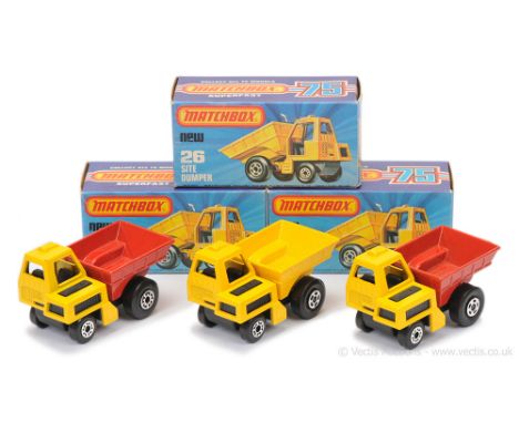 Matchbox Superfast 3 x 26c Site Dumper - all are yellow cab, black plastic interior, matt black chassis, 5-crown wheels (1) y
