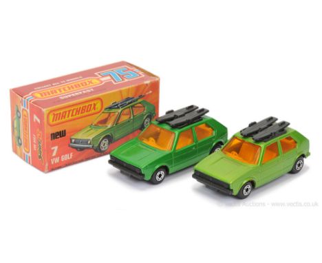 Matchbox Superfast 2 x 7c Volkswagen Golf - both are dark yellow interior, matt black base, dot-dash wheels - (1) metallic li