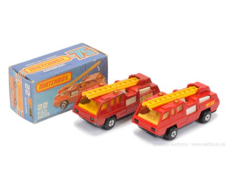 Matchbox Superfast 2 x 22c Blaze Buster Fire Engine - both are dark red body, dark yellow plastic ladder, white interior, glo