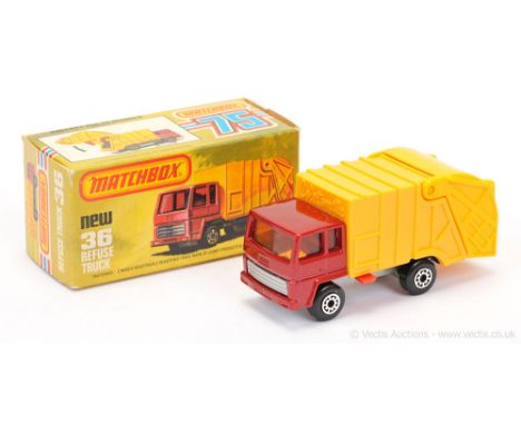 Matchbox Superfast 36d Refuse Truck - metallic red cab &amp; chassis, RARE DARK AMBER WINDOWS, dark yellow container body wit