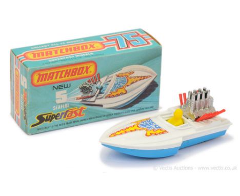 Matchbox Superfast 5b Seafire Power Boat - white deck with blue plastic hull &amp; base, lemon yellow plastic driver, red eng
