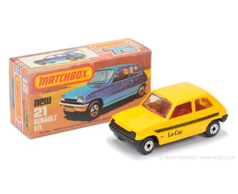 Matchbox Superfast 21c Renault 5TL - dark yellow body with black "Le Car" tampo print, clear windows, RARE RED INTERIOR, matt