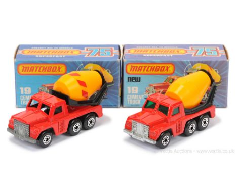 Matchbox Superfast 2 x 19c Cement Truck - both are bright red body, bare metal base, 5-crown wheels (1) dark green windows, a