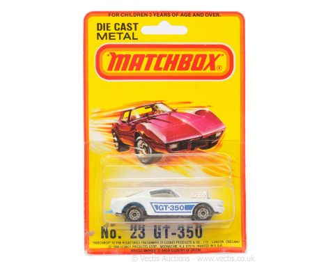 Matchbox Superfast 23c Ford Mustang GT-350 - white body with blue stripe tampo print, clear windows, blue interior, matt blac